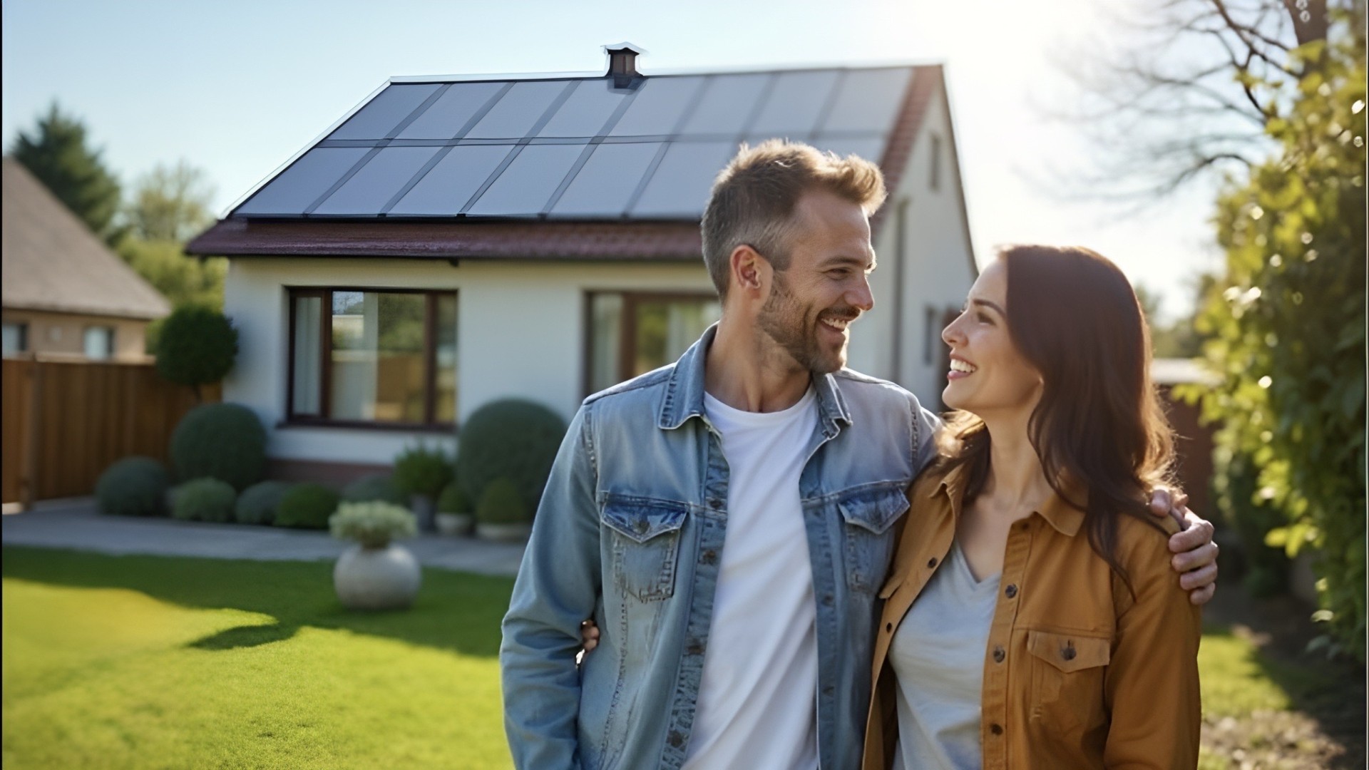 Luxury residential home with solar panels at twilight