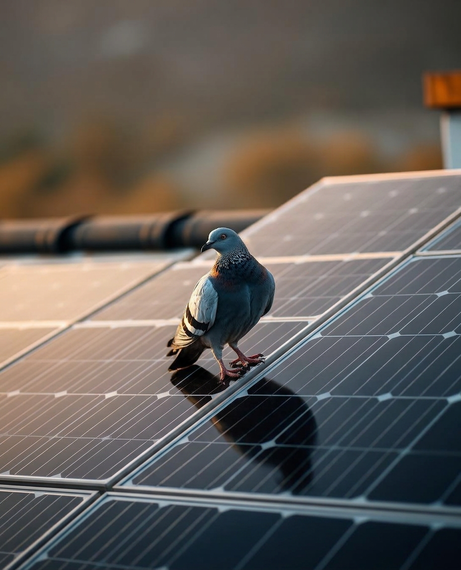 Black mesh bird proofing barrier installed on solar panels