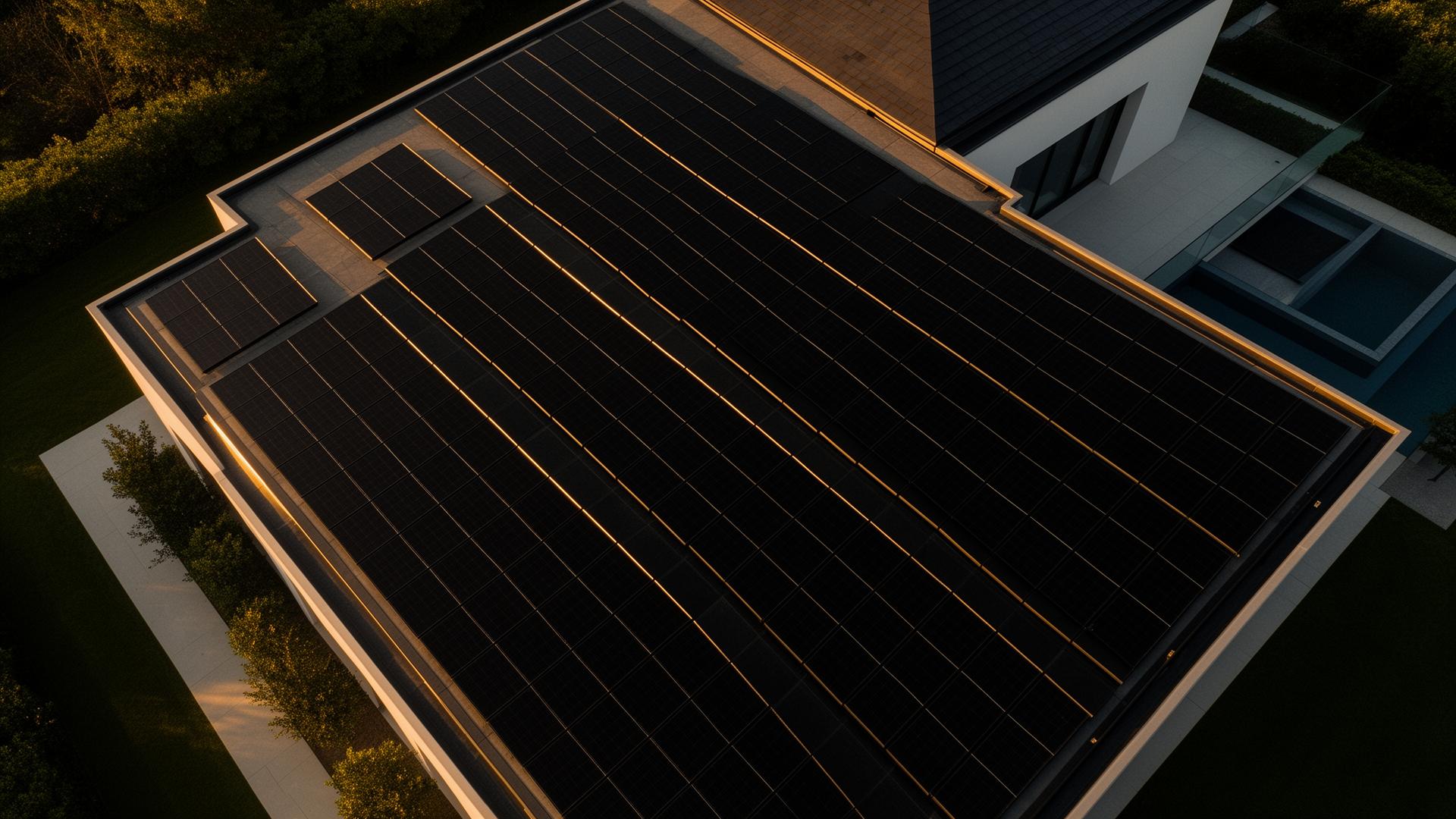 Aerial view of solar paneled luxury rooftop